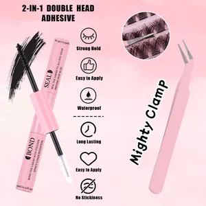 Pink 2-in-1 bond and seal lash glue with matching tweezers for cluster extensions