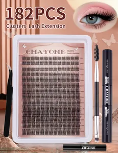 Macro shot of 182-piece DIY cluster lash kit with bond and seal glue and tweezers