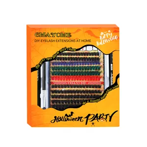 DIY colorful segment eyelashes set for Halloween with biotin glue in orange box 10-18mm