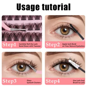 DIY cluster lashes set showing four steps: application of bond, seal, and lash tweezers