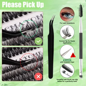 Detail of matte black curved tweezers and dual-ended lash brush for eyelash application