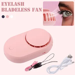 Pink portable bladeless fan for eyelash extensions with USB cable and lanyard strap
