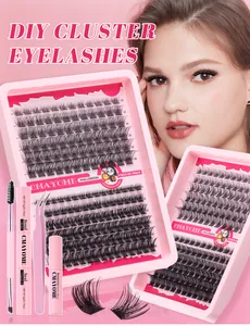 DIY cluster lash extension kit with 10-18mm length, glue, remover, and pink tweezers