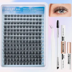DIY cluster eyelash extension kit with glue, tweezers, and model result view