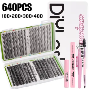 DIY cluster lash extension kit with 640pcs lashes, bond, remover, tweezers, and brush