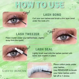 Detailed four-step guide for applying and removing DIY individual eyelash clusters set