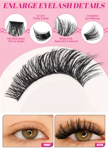 Detail view of D-curl wispy false eyelashes with ultra-thin hot melt band on pink background
