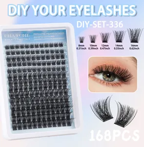Detailed DIY eyelash extension kit tray showing 168 clusters in 8mm to 16mm lengths