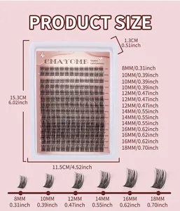 Detaillierte Größentabelle für 8-18mm DIY Wimpern-Set mit Verpackungsmaßen