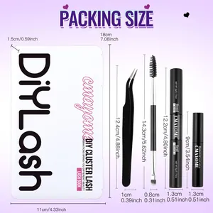 Detaillierte Maße des DIY-Wimpernkits mit Aufbewahrungsbox, Kleber und Versiegelung