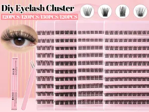DIY cluster eyelash extension kit with 120-130 lashes, bond and seal glue, and pink tweezers