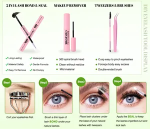Detailansicht des DIY-Wimpernkits mit Kleber, Versiegeler, Entferner, Pinzette und Bürste