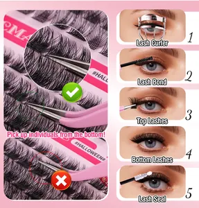 5-step DIY lash clusters application guide with tweezers and bond seal tools