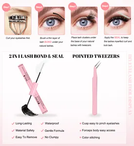 Detailed view of pink double-sided lash bond seal and precision tweezers for eyelash extension