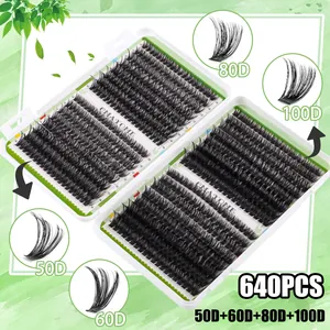 640Pcs DIY individual cluster eyelashes kit with 10-16mm D curl 50D-100D volume lashes