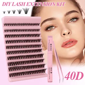 DIY lash extension kit including 40D clusters, pink bond and seal, and precision tweezers