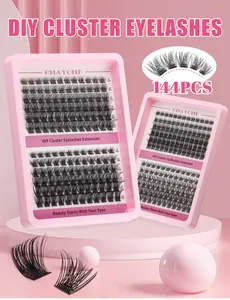 Detailed view of DIY cluster lashes set featuring 144 pieces in lengths from 8mm to 18mm