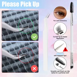 Detail showing professional lash tweezers and double-headed eyebrow brush for DIY extension