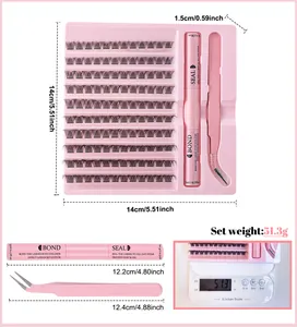 DIY cluster lashes set with glue, tweezers, and measuring details for eye makeup