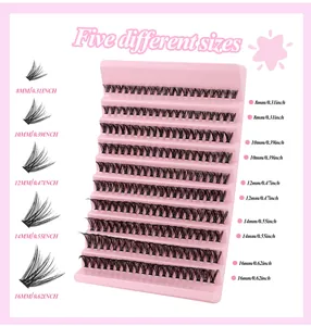 Detailed size guide for individual lash clusters ranging from 8mm to 16mm length