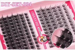 Macro detail of dense D-curl DIY eyelash clusters in pink festive packaging