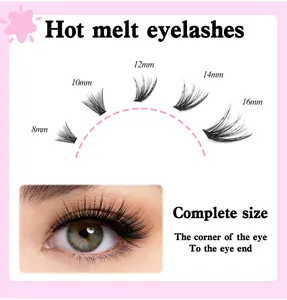 Detail view of segmented hot melt eyelashes in lengths from 8mm to 16mm