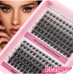 Close-up of 144pcs DIY cluster eyelash extensions set in pink tray with model look