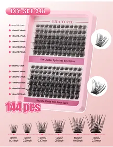 Macro detail of 144pcs DIY cluster lashes showing mixed lengths from 8mm to 18mm