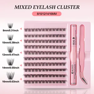 DIY individual eyelash extension kit with glue, tweezers, and 8-16mm mixed clusters