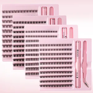 DIY individual lash cluster kit with 4 packs of eyelashes, pink tweezers, and bond & seal