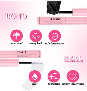 Dual-ended eyelash bond and seal adhesive with black and clear brushes for lash DIY