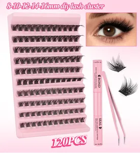 DIY cluster eyelash extension kit with glue and pink tweezers for natural volume look