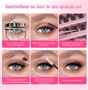 Step-by-step application guide for individual cluster eyelashes with glue and tweezers