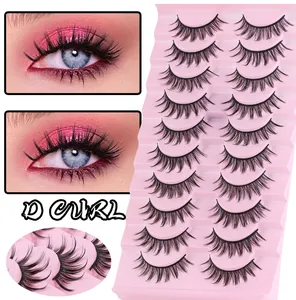 Set di 10 paia di ciglia finte nere D-curl con un vassoio portaoggetti rosa interno