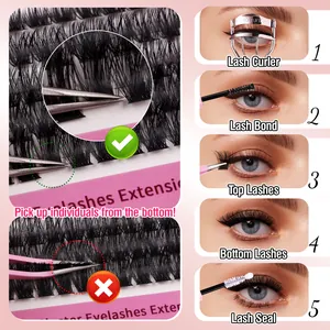 DIY cluster lashes extension kit with black segmented eyelashes and application tools