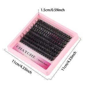 Detailed view of individual cluster lashes showing 1.5cm length in a 11x11cm pink box