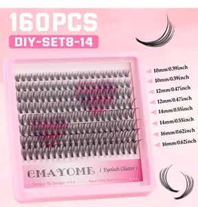Detail of 160 DIY individual eyelash clusters with 10mm to 16mm lengths in a pink case