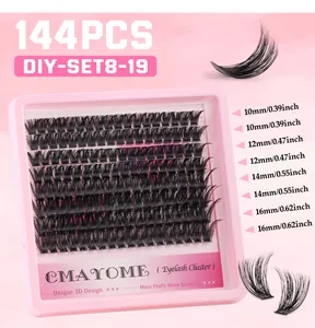 Detail view of 144 individual lash clusters in four sizes 10mm to 16mm in a pink case