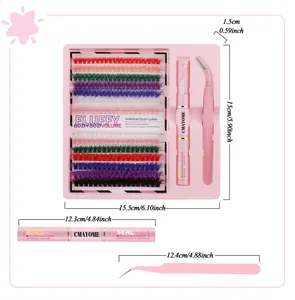 DIY gekleurde wimperextensie set met 60D 80D clusters bond seal en roze pincet tool