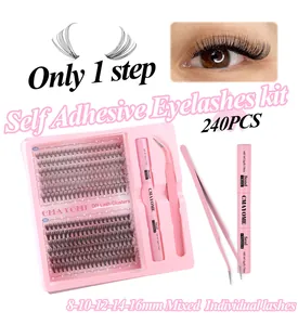 Kit de extensión de pestañas DIY con 240 racimos, pegamento bond y seal y pinzas rosas