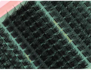 Detail of individual eyelash clusters in thick and mildly dense styles on green lining