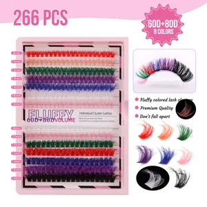 266 stuks Gekleurde Individuele Clusterwimpers Set 60D 80D Mix 8-16mm