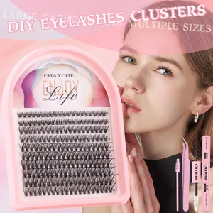 DIY cluster lashes kit with various lengths, pink tweezers, brush, and bond & seal glue