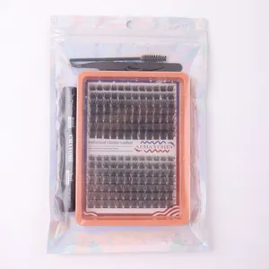 Cluster lash extension kit with bond and seal, tweezers, brush and laser packaging