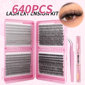 Kit Extension Ciglia Finte Fai da Te Cluster Misti Con Colla Bond Seal Pinzette Pennello Ciglia Segmentate Naturali Folte D Curl Per Trucco Occhi Donna