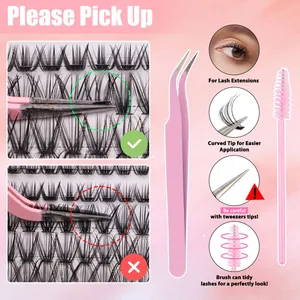 Detailed view of pink curved tweezers and lash brush set for cluster eyelash application