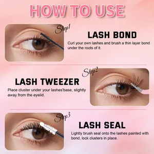 Three-step eyelash extension guide showing application of lash bond, tweezers, and seal