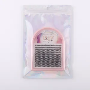 Detail view of 10-18mm cluster eyelash extension set in holographic laser packaging