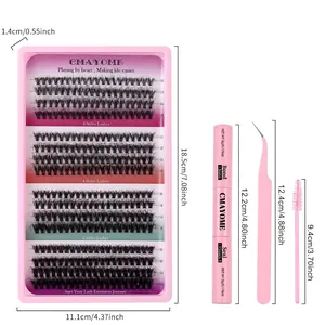 DIY eyelash extension kit with 320 cluster lashes, glue, tweezers, and brush