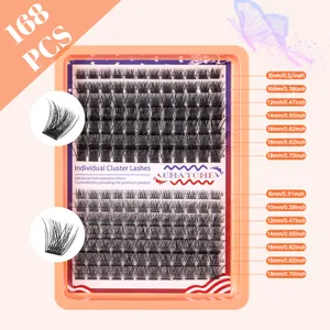 Individual cluster eyelash extension kit with 168 pieces in lengths from 8mm to 18mm
